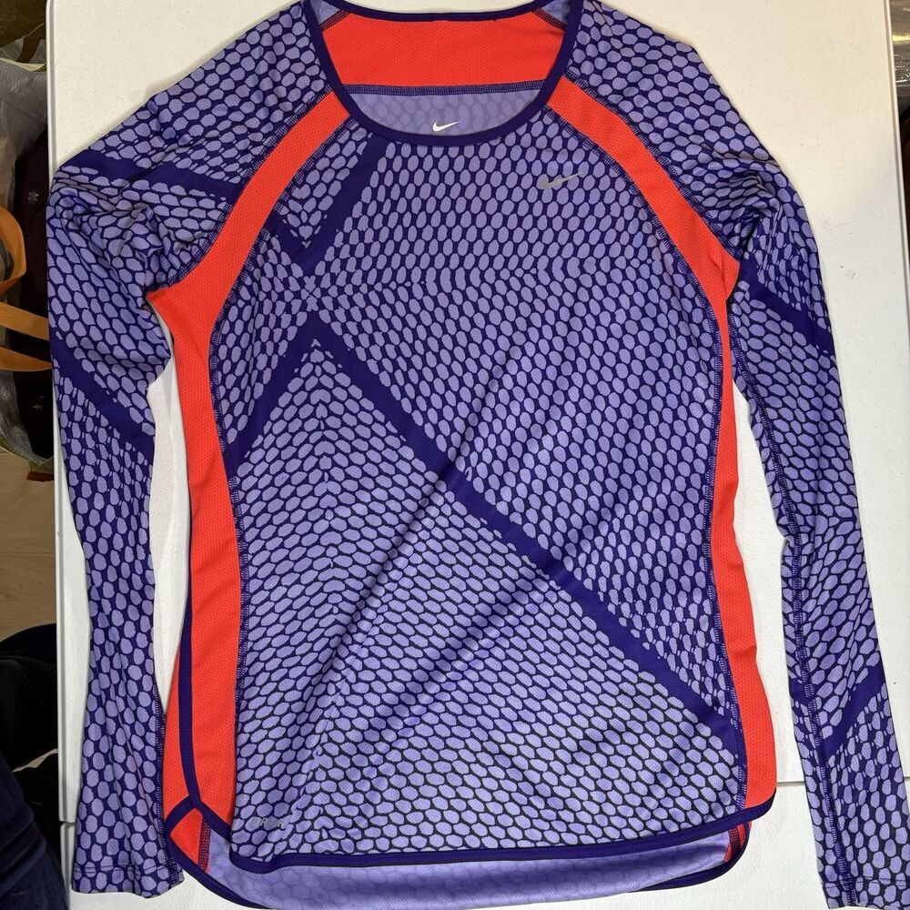 Nike Dri-Fit Women Small Long Sleeve Running Shirt Purple Orange Geometric Print